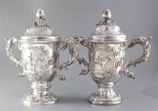 Two handsome George II silver horse racing related presentation trophy cups
